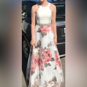 Le Chateau White and Pink Floral Formal Dress